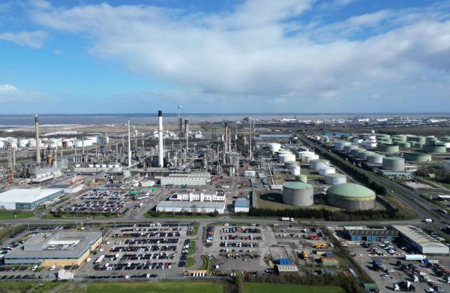An aerial view shows the Humber Refinery near South Killingholme, north-east England on March 11, 2026. World oil prices surged more than five percent on March 11 as the Middle East war disrupted crude exports. (Photo by Oli SCARFF / AFP)