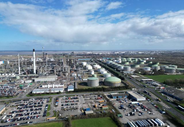 An aerial view shows the Humber Refinery near South Killingholme, north-east England on March 11, 2026. World oil prices surged more than five percent on March 11 as the Middle East war disrupted crude exports. (Photo by Oli SCARFF / AFP)