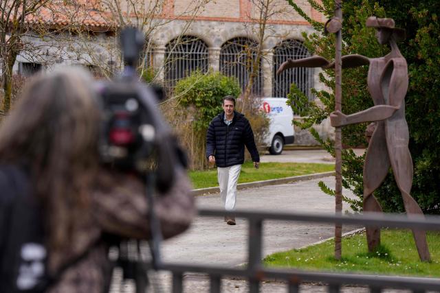 Fernando Canals, spokesperson for the Nuns of Belorado who have been excomunicated by the Vatican after separating from the Catholic church, walks towards the entrance of the Convent of the Poor Clares of Santa Clara de Belorado, near Burgos in northern Spain, on March 11, 2026. The Court of First Instance in Briviesca (Burgos) denied the request for a one-month extension to postpone the eviction, and the deadline for their departure is March 12, 2026. (Photo by CESAR MANSO / AFP)