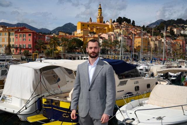 Menton's right wing French mayoral candidate for the list 'Menton Revival' (Renouveau Mentonnais) Louis Sarkozy poses during a photo session in Menton, southeastern France on March 11, 2026. (Photo by Valery HACHE / AFP)