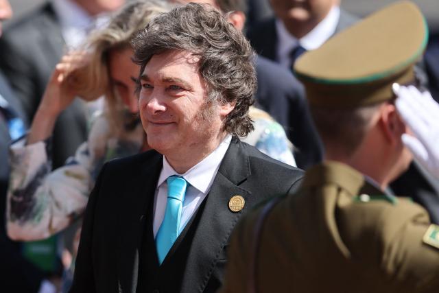 Argentina's President Javier Milei arrives at the inauguration ceremony of Chile's new President Jose Antonio Kast at the National Congress in Valparaiso, Chile on March 11, 2026. Chile's most right-wing president in over three decades, Jose Antonio Kast, takes office on March 11, 2026, on a promise to tackle surging rates of violent crime and carry out mass migrant deportations. (Photo by Javier TORRES / AFP)