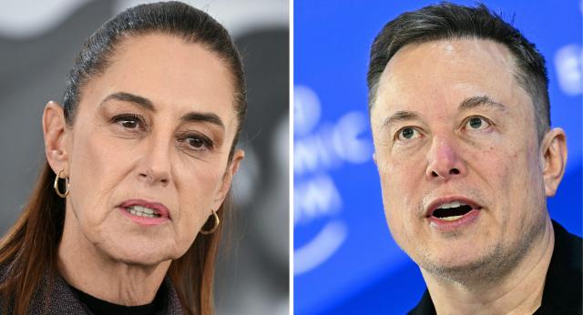 (COMBO) This combination of file pictures created on March 11, 2026 shows
Mexico's President Claudia Sheinbaum (L) speaking during her daily press conference at the Women's Oncology Hospital in Mexico City on March 9, 2026, and CEO of SpaceX and Tesla, South African-Canadian-US businessman Elon Musk speaking during the World Economic Forum (WEF) annual meeting in Davos on January 22, 2026.. Mexican President Claudia Sheinbaum said on March 11 that she's dropping a potential lawsuit against Elon Musk for a message on X where he accuses her of working for cartels. (Photo by Yuri CORTEZ and Fabrice COFFRINI / AFP)
