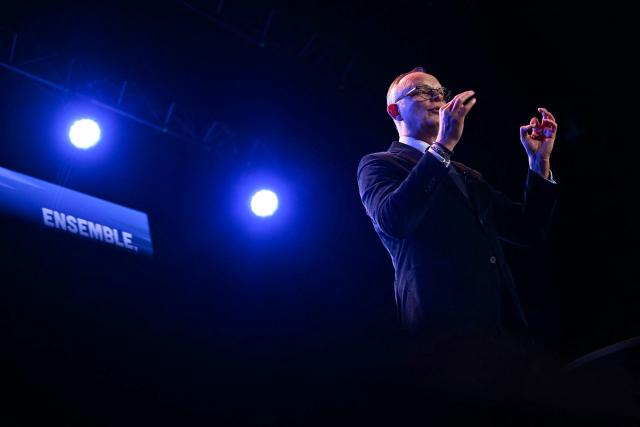 Le Havre Mayor and Horizons party mayoral candidate Edouard Philippe holds a campaign meeting four days ahead of the first round of the municipal elections in Le Havre, western France on March 11, 2026. (Photo by LOU BENOIST / AFP)