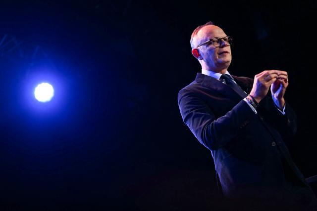 Le Havre Mayor and Horizons party mayoral candidate Edouard Philippe holds a campaign meeting four days ahead of the first round of the municipal elections in Le Havre, western France on March 11, 2026. (Photo by LOU BENOIST / AFP)