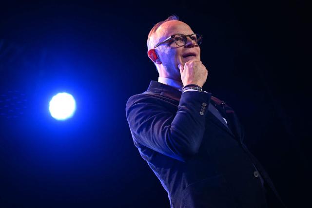 Le Havre Mayor and Horizons party mayoral candidate Edouard Philippe holds a campaign meeting four days ahead of the first round of the municipal elections in Le Havre, western France on March 11, 2026. (Photo by LOU BENOIST / AFP)