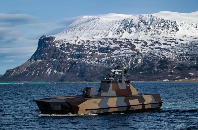 A Skjold-class Corvette of the Norwegian Navy manoeuvres off the coast of Harstad on March 11, 2026, as NATO conducts its Cold Response military exercise. The Norwegian-led winter exercise involves 32.000 troops, 100 aircraft, and 30 warships from 14 nations taking part in high intensity, multi-domain operations in an arctic climate. (Photo by John MACDOUGALL / AFP)