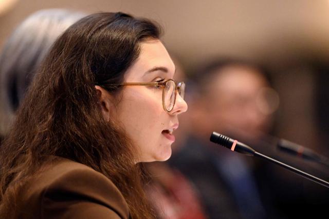 Advocacy Officer at the Center for Justice and International Law Marylaura Acuna speaks during a public hearing on 'Situation of prisoners and former prisoners in Nicaragua' as part of the commission's 195th period of sessions in Guatemala City on March 11, 2026. (Photo by JOHAN ORDONEZ / AFP)