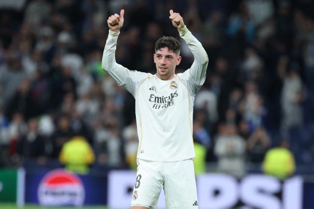 Real Madrid's Uruguayan midfielder #08 Federico Valverde reacts at the end of the UEFA Champions League last 16 first leg football match between Real Madrid CF and Manchester City at Santiago Bernabeu Stadium in Madrid on March 11, 2026. Valverde scored a hat-trick to lead Real Madrid to a 3-0 win. (Photo by Thomas COEX / AFP)