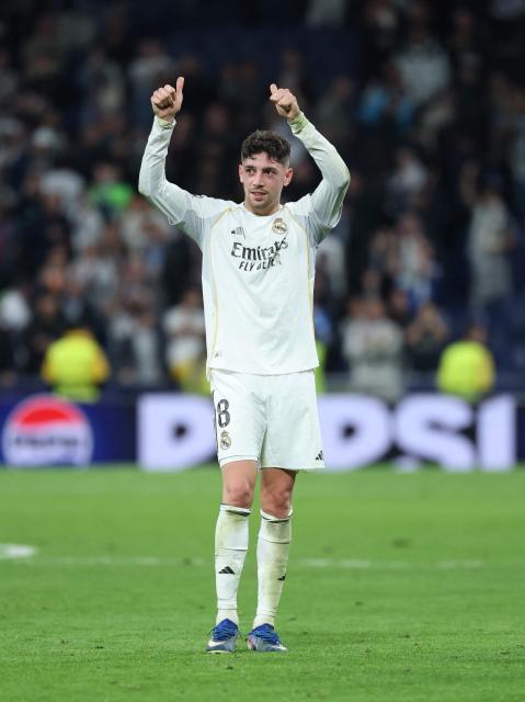 Real Madrid's Uruguayan midfielder #08 Federico Valverde reacts at the end of the UEFA Champions League last 16 first leg football match between Real Madrid CF and Manchester City at Santiago Bernabeu Stadium in Madrid on March 11, 2026. Valverde scored a hat-trick to lead Real Madrid to a 3-0 win. (Photo by Thomas COEX / AFP)