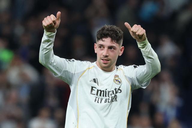 Real Madrid's Uruguayan midfielder #08 Federico Valverde reacts at the end of the UEFA Champions League last 16 first leg football match between Real Madrid CF and Manchester City at Santiago Bernabeu Stadium in Madrid on March 11, 2026. Valverde scored a hat-trick to lead Real Madrid to a 3-0 win. (Photo by Thomas COEX / AFP)