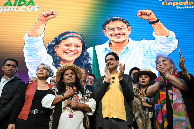 Aida Marina Quilcue, the vice-presidential running mate of Colombian presidential candidate Ivan Cepeda, speaks after registering their candidacy at the National Registry in Bogota on March 11, 2026. (Photo by RAUL ARBOLEDA / AFP)