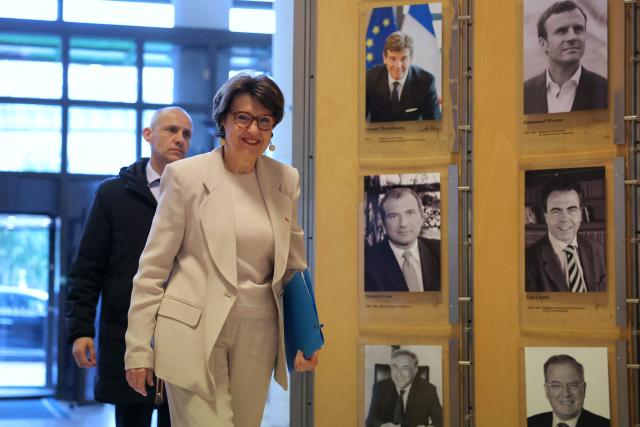France's Agriculture Minister Annie Genevard (C) arrives to take part in a intergovernmental meeting with fuel distributors at the French Economy and Finance Ministry in Paris on March 12, 2026. In response to soaring prices at the pump linked to the war in the Middle East, France's Prime minister requested yesterday proposals to protect consumers, while some retailers are already anticipating sharp price drops as early as this week. (Photo by Thomas SAMSON / AFP)