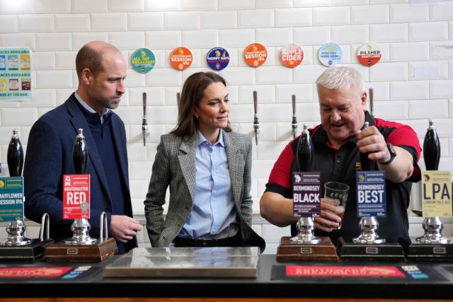 Britain's Prince William, Prince of Wales and Britain's Catherine, Princess of Wales, meet Southwark Brewing founder and director Peter Jackson during a visit the Southwark Brewing Company at the Bermondsey Beer Mile in London on March 12, 2026. (Photo by Kin Cheung / POOL / AFP)
