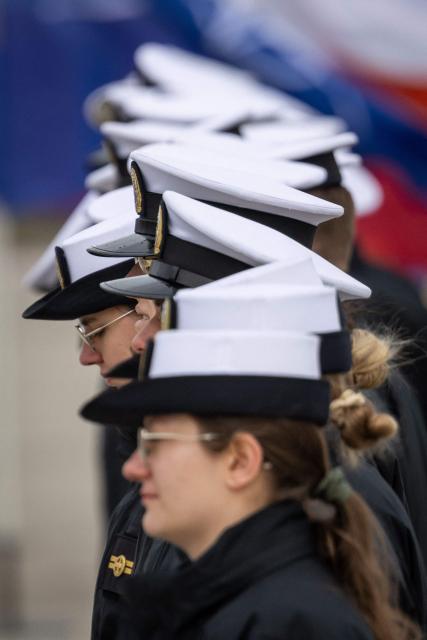 Polish Navy officers stand in lines as they as they wait for the welcoming ceremony before Poland's Deputy Prime Minister and Defence Minister (unseen) and Sweden's Defence Minister at the Polish Navy base in Gdynia on March 12, 2026. (Photo by Wojtek RADWANSKI / AFP)