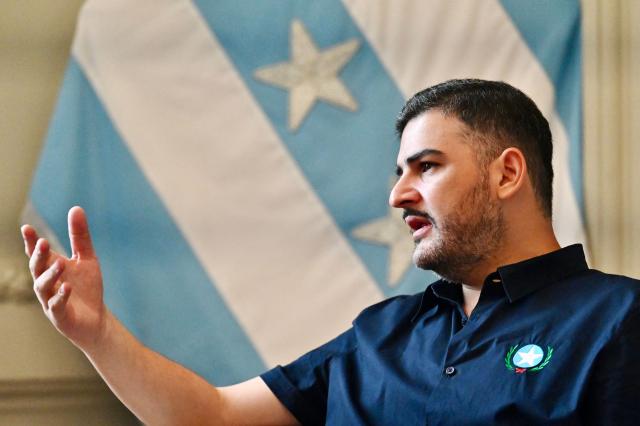 (FILES) Guayaquil mayor Aquiles Alvarez speaks during an interview with AFP in Guayaquil, Ecuador on October 22, 2025. The mayor of Ecuador's violence-ravaged city of Guayaquil is facing "inhumane" treatment and "cruelty" in the mega-security jail where he is being held in a corruption probe, his lawyer said on March 11, 2026. Aquiles Alvarez and his two businessman brothers were arrested last month on allegations of money laundering and tax fraud in a scandal estimated to have cost the state $61.5 million. (Photo by MARCOS PIN / AFP)