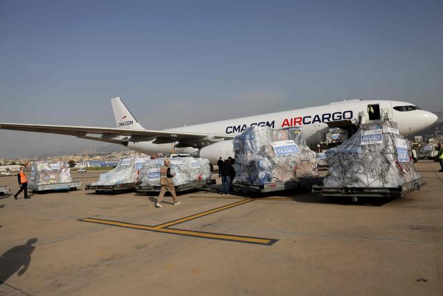 A French cargo plane carrying aid from the French Ministry of Health arrives at Beirut International Airport on March 12, 2026. Israeli strikes on Lebanon have killed at least 687 people since March 2, Lebanon's information minister said on March 12, as Israel threatened to expand its operations as it fights Hezbollah in the country. More than 100,000 people have been displaced in Lebanon in a single day, the UN said, as Israel continued to pound Iran-backed Hezbollah militants. (Photo by Anwar AMRO / AFP)