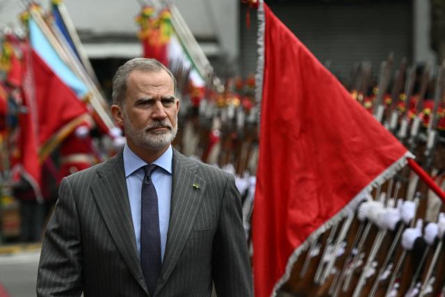 Spain's King Felipe VI arrives for a meeting with Bolivia's President Rodrigo Paz at Plaza Murillo in La Paz, on March 12, 2026. (Photo by AIZAR RALDES / AFP)