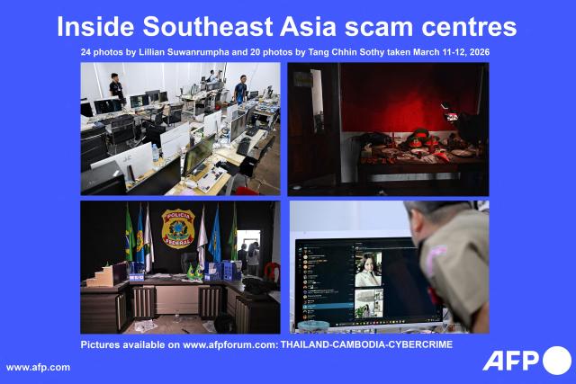 AFP presents a photo reportage of 24 images by Lillian Suwanrumpha and 20 images by Tang Chhin Sothy taken March 11-12, 2026, inside seized and abandoned online scam centres in Phnom Penh and on the Thai-Cambodia border. Broken computer monitors in bombed-out offices, scattered fake police uniforms, phony hundred dollar bills, Chinese tea tables: these were the vestiges of a frantic escape of suspected cyberscammers fleeing a resort on the Cambodia-Thailand border.

Search for all these reportage images using: THAILAND-CAMBODIA-CYBERCRIME

Search ‘REPORTAGE’ to source all feature, magazine and photo essays

More pictures can be found on afpforum.com (Photo by Lillian SUWANRUMPHA and TANG CHHIN Sothy / AFP) / To go with 'THAILAND-CAMBODIA-CONFLICT-CYBERCRIME,FOCUS' by Chayanit ITTHIPONGMAETEE and Sally JENSEN, and 'CAMBODIA-CYBERCRIME-FRAUD,REPORTAGE' by Suy SE and Sally JENSEN