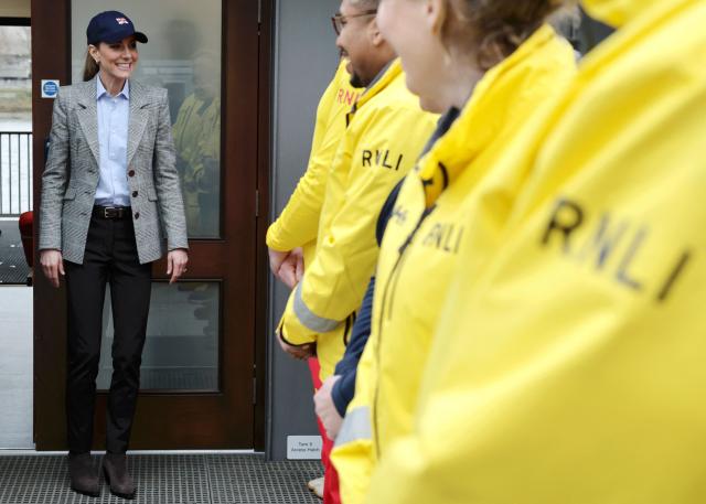Britain's Catherine, Princess of Wales, meets volunteers during a visit to the Royal National Lifeboat Institution (RNLI) Tower Lifeboat Station in London on March 12, 2026, to mark the 25th anniversary of the RNLI Lifeguards. (Photo by Chris Jackson / POOL / AFP)