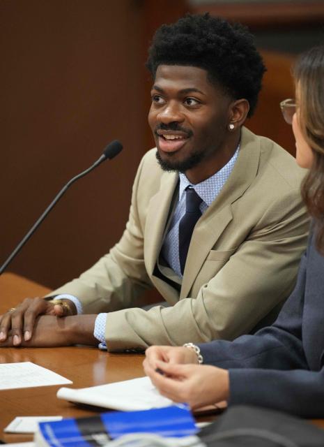 US rapper Lil Nas X appears in court during a preliminary hearing at the Los Angeles Superior Court Van Nuys Courthouse in Los Angeles, California, on March 12, 2026. Lil Nax X, whose legal name is Montero Hill, was arrested in August on charges of assaulting police officers. (Photo by Daniel Cole / POOL / AFP)