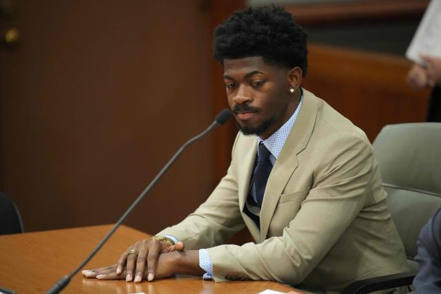 US rapper Lil Nas X appears in court during a preliminary hearing at the Los Angeles Superior Court Van Nuys Courthouse in Los Angeles, California, on March 12, 2026. Lil Nax X, whose legal name is Montero Hill, was arrested in August on charges of assaulting police officers. (Photo by Daniel Cole / POOL / AFP)