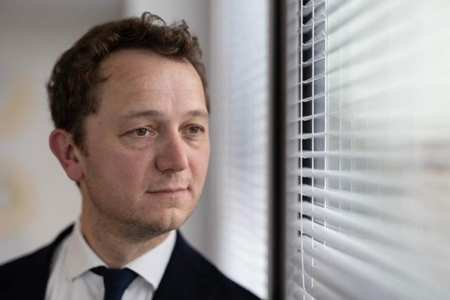 French President of the Departemental Council of Finistere Mael de Calan poses during a photo session in Brest, western France on March 12, 2026. Accused of harassing beneficiaries, the president of the Finistère Department said on March 12, 2026 that he was "proud" to have "brought thousands of people back to work" as part of his RSA plan that he intends to carry out at the national level. (Photo by Fred TANNEAU / AFP)