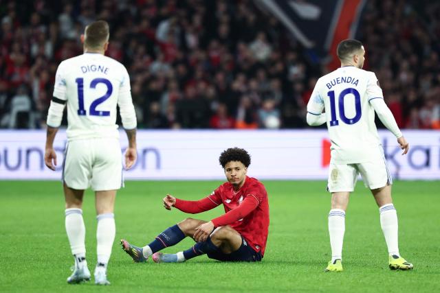 Lille's Portuguese defender #22 Tiago Santos reacts during the UEFA Europa League round of 16 first leg football match between Lille (LOSC) and Aston Villa  at the Pierre-Mauroy Stadium in Villeneuve-d'Ascq, northern France, on March 12, 2026. (Photo by Sameer AL-DOUMY / AFP)