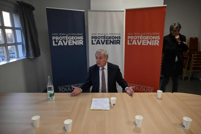 Toulouse outgoing mayor and candidate to succession Jean-Luc Moudenc attends a press conference prior to a campaign meeting in Toulouse on March 12, 2026, three days ahead of the first round of France's municipal elections. French voters head to the polls for municipal elections on March 15 and 22, 2026. (Photo by Ed JONES / AFP)
