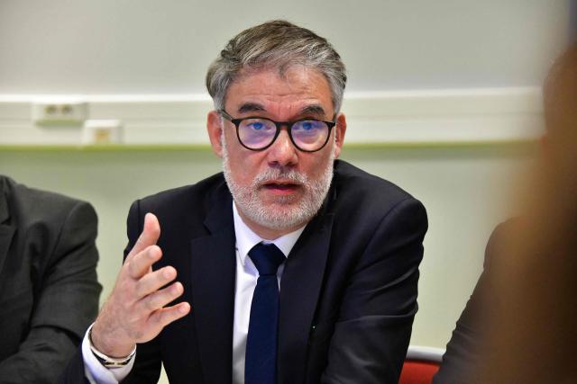 Socialistes et Apparentes' MP Olivier Faure speaks during a press conference ahead of a campaign meeting to support Limoges' left-wing alliance mayoral candidate Thierry Miguel in Limoges, central France on March 12, 2026, ahead of France's municipal elections. French voters are scheduled to head to the polls for municipal elections on March 15 and March 22, 2026. (Photo by Pascal LACHENAUD / AFP)