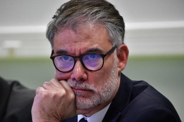 Socialistes et Apparentes' MP Olivier Faure speaks during a press conference ahead of a campaign meeting to support Limoges' left-wing alliance mayoral candidate Thierry Miguel in Limoges, central France on March 12, 2026, ahead of France's municipal elections. French voters are scheduled to head to the polls for municipal elections on March 15 and March 22, 2026. (Photo by Pascal LACHENAUD / AFP)