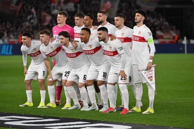 Stuttgart's players pose for a team photo prior to the UEFA Europa League - Last 16 - first leg football match VfB Stuttgart v FC Porto in Stuttgart, southern Germany, on March 12, 2026. (Photo by THOMAS KIENZLE / AFP)