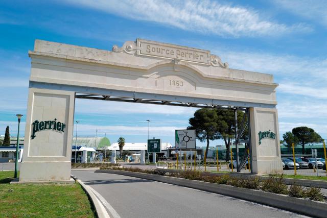 This photograph shows the entrance of the Perrier's natural sparkling mineral water factory in Vergeze, southern France, on March 12, 2026. (Photo by Sylvain THOMAS / AFP)