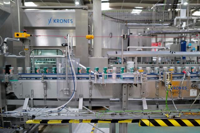 This photograph shows the production line of the Maison Perrier brand at Perrier's sparkling mineral water factory in Vergeze, southern France, on March 12, 2026. (Photo by Sylvain THOMAS / AFP)