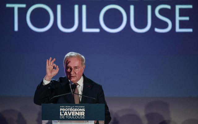 Toulouse outgoing mayor and candidate to succession Jean-Luc Moudenc speaks during a campaign meeting in Toulouse on March 12, 2026, three days ahead of the first round of France's municipal elections. French voters head to the polls for municipal elections on March 15 and 22, 2026. (Photo by Ed JONES / AFP)