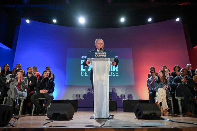 Toulouse outgoing mayor and candidate to succession Jean-Luc Moudenc speaks during a campaign meeting in Toulouse on March 12, 2026, three days ahead of the first round of France's municipal elections. French voters head to the polls for municipal elections on March 15 and 22, 2026. (Photo by Ed JONES / AFP)