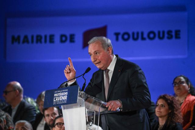 Toulouse outgoing mayor and candidate to succession Jean-Luc Moudenc speaks during a campaign meeting in Toulouse on March 12, 2026, three days ahead of the first round of France's municipal elections. French voters head to the polls for municipal elections on March 15 and 22, 2026. (Photo by Ed JONES / AFP)