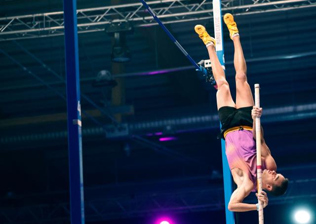 US' KC Lightfoot competes during the Mondo Classic pole vault competition in gala format at the IFU Arena in Uppsala on March 12, 2026. (Photo by Fredrik PERSSON / TT News Agency / AFP) / Sweden OUT