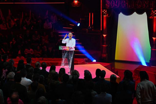 Socialistes et Apparentes' MP and Paris' mayoral candidate Emmanuel Gregoire addresses the audience during a campaign meeting at the Cirque d'Hiver in Paris on March 12, 2026, ahead of France's municipal elections. French voters are scheduled to head to the polls for municipal elections on March 15 and March 22, 2026. (Photo by Martin LELIEVRE / AFP)