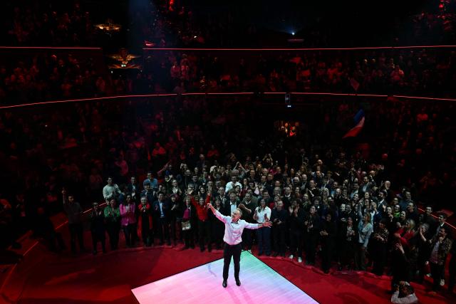 Socialistes et Apparentes' MP and Paris' mayoral candidate Emmanuel Gregoire addresses the audience during a campaign meeting at the Cirque d'Hiver in Paris on March 12, 2026, ahead of France's municipal elections. French voters are scheduled to head to the polls for municipal elections on March 15 and March 22, 2026. (Photo by Martin LELIEVRE / AFP)