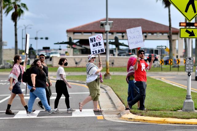 Demonstrators shout slogans during a protest to call for "an end to the imperialist violence" amid the ongoing war in Iran outside MacDill Air Force Base, where US Central Command is headquartered, in Tampa, Florida, on March 12, 2026. (Photo by Octavio JONES / AFP)