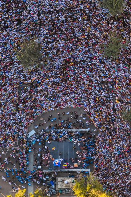 This aerial view shows Venezuelans living in Chile listening to Venezuelan opposition leader Maria Corina Machado at Almagro Square in Santiago on March 12, 2026. Machado travelled to Chile to attend Chile's President Jose Antonio Kast's inauguration. (Photo by Javier TORRES / AFP)