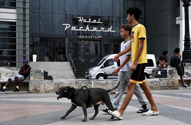 Two youngsters walk a dog in front of the Iberostar Grand Packard Hotel in Havana on March 12, 2026. (Photo by YAMIL LAGE / AFP)