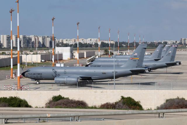 (FILES) US Air Force military aircraft are seen parked on the tarmac of the Ben Gurion airport near Tel Aviv on February 25, 2026. An American KC-135 aerial refueling aircraft crashed in western Iraq while a second plane involved in the incident landed safely, the US military said on March 12, 2026. "One of the aircraft went down in western Iraq, and the second landed safely. This was not due to hostile fire or friendly fire," US Central Command (CENTCOM), which is responsible for American forces in the Middle East, said in a statement. (Photo by Jack GUEZ / AFP)