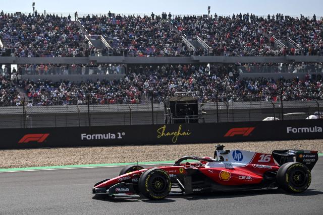 Ferrari's Monegasque driver Charles Leclerc drives during a practice session ahead of the Formula One Chinese Grand Prix at the Shanghai International Circuit in Shanghai on March 13, 2026. (Photo by JADE GAO / AFP)