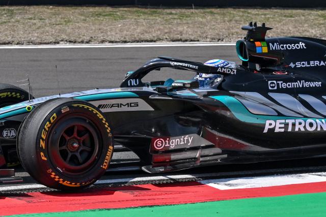 Mercedes' British driver George Russell drives during a practice session ahead of the Formula One Chinese Grand Prix at the Shanghai International Circuit in Shanghai on March 13, 2026. (Photo by Jade Gao / AFP)