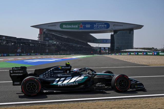 Mercedes' Italian driver Kimi Antonelli drives during a practice session ahead of the Formula One Chinese Grand Prix at the Shanghai International Circuit in Shanghai on March 13, 2026. (Photo by GREG BAKER / AFP)