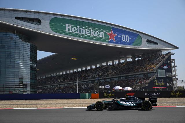 Mercedes' Italian driver Kimi Antonelli drives during a practice session ahead of the Formula One Chinese Grand Prix at the Shanghai International Circuit in Shanghai on March 13, 2026. (Photo by JADE GAO / AFP)