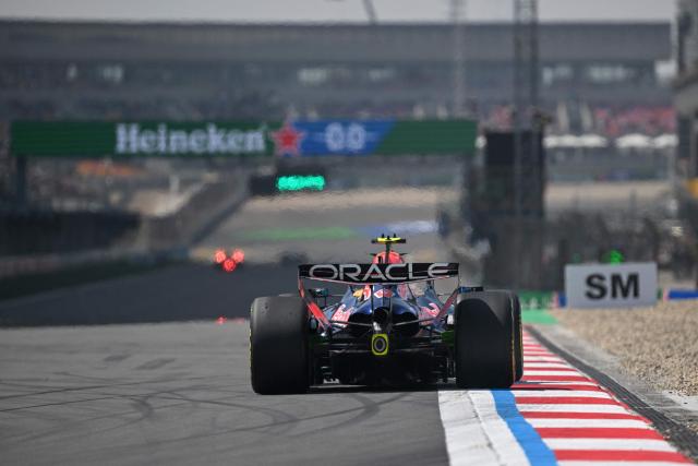 Red Bull Racing's French driver Isack Hadjar drives during a practice session ahead of the Formula One Chinese Grand Prix at the Shanghai International Circuit in Shanghai on March 13, 2026. (Photo by Greg Baker / AFP)