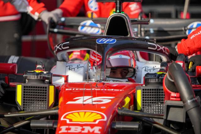 Ferrari's Monegasque driver Charles Leclerc drives in the pits during the sprint qualifying session ahead of the Formula One Chinese Grand Prix at the Shanghai International Circuit in Shanghai on March 13, 2026. (Photo by Andy WONG / POOL / AFP)