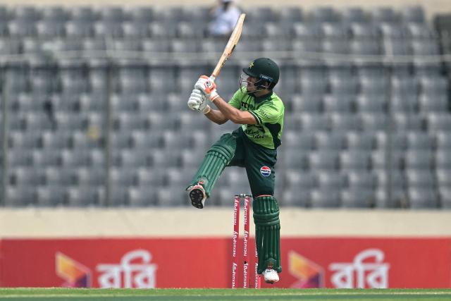 Pakistan's Maaz Sadaqat plays a shot during the second one-day international (ODI) cricket match between Bangladesh and Pakistan at Sher-e-Bangla National Stadium in Mirpur on March 13, 2026. (Photo by Munir UZ ZAMAN / AFP)